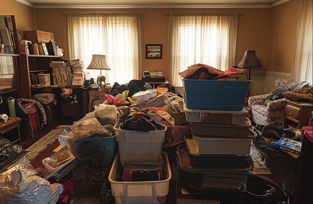Living room with packed bins and clothing ready for a room-by-room Farmington cleanout